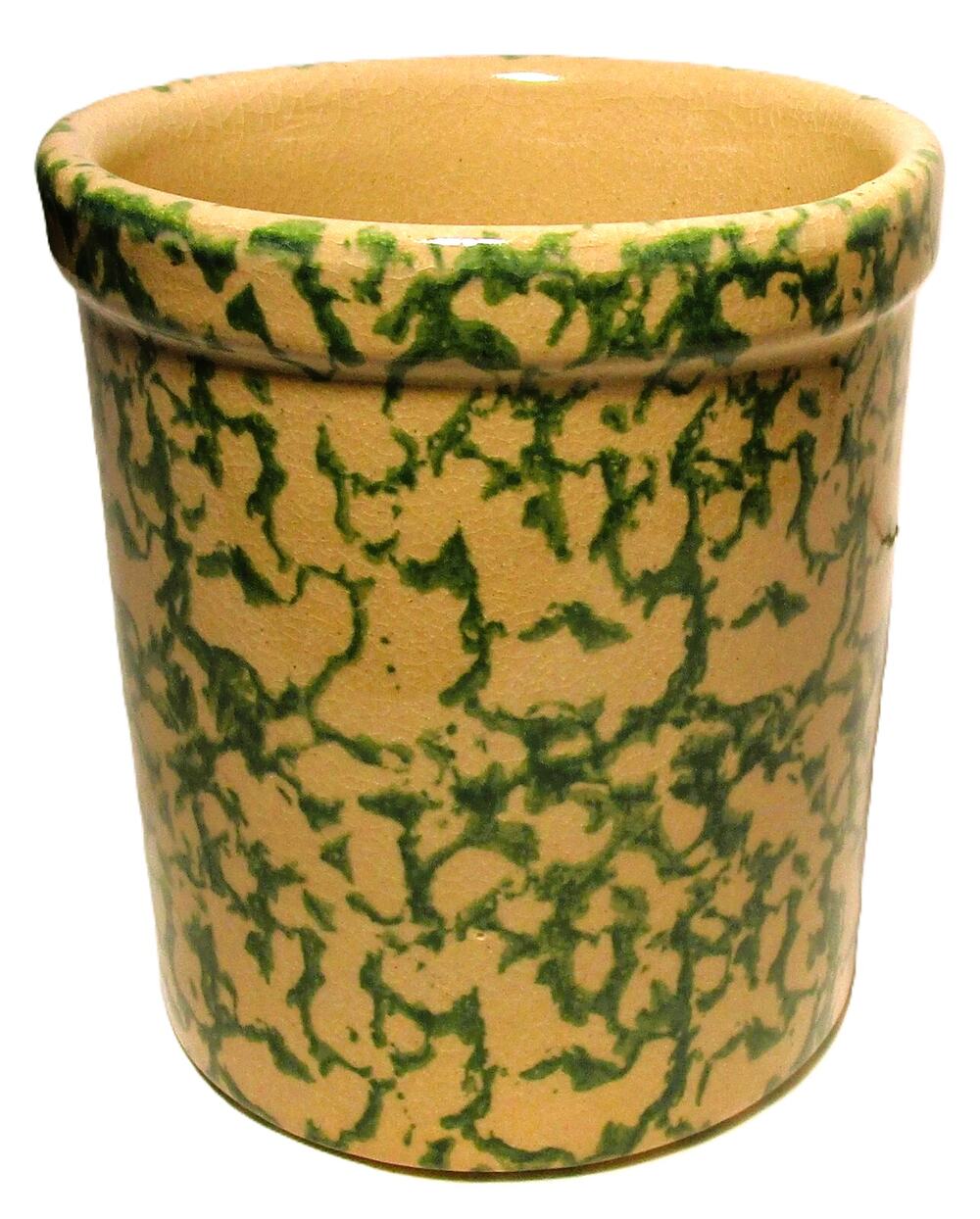 Roseville Ohio Pottery Crock Green Sponge Glaze, USA, 5¼" Tall Vintage Farmhouse